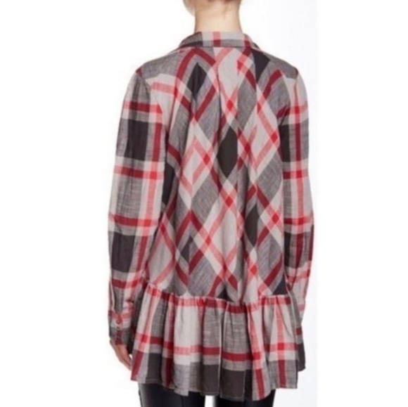 Free People Women's Red Gray  plaid, Tunic/Blouse, Long Sleeve Size M. - Picture 3 of 9